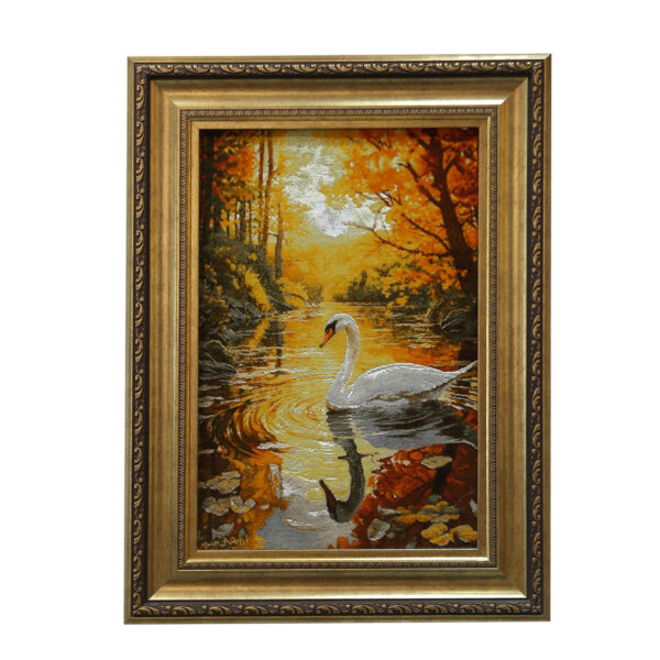 Handgeknüpfter persischer Bildteppich, der einen Schwan im Teich darstellt