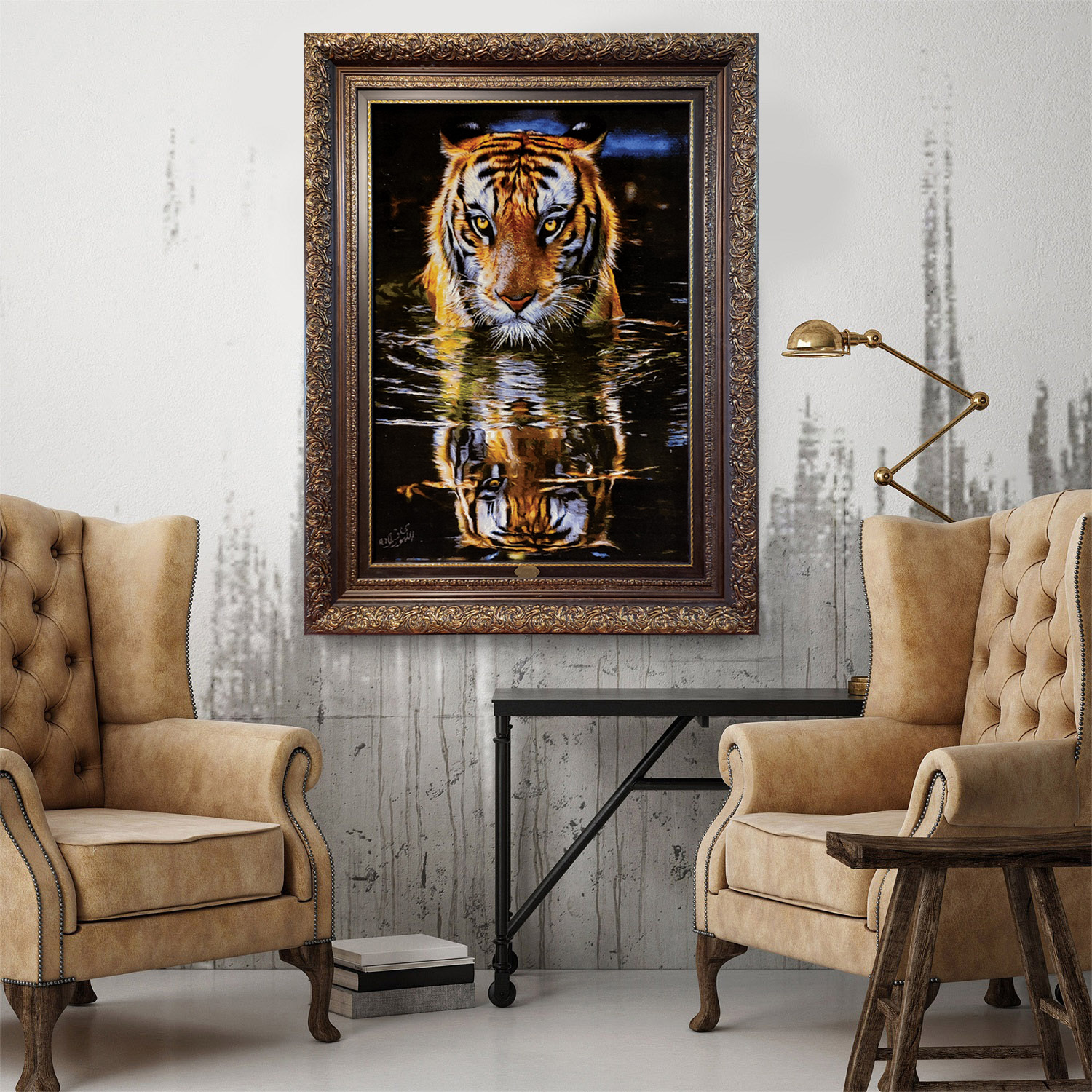 Handgeknüpfter persischer Bildteppich aus Tabriz, der einen Tiger darstellt