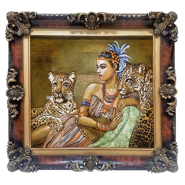 Handgeknüpfter persischer Seidenbildteppich aus Tabriz, der eine ägyptische Frau und einen Tiger darstellt