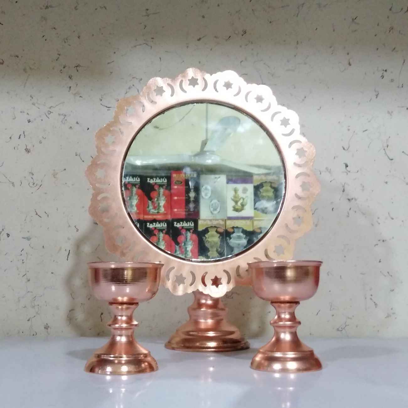 Handgefertigter persischer Metallspiegelrahmen & Kerzenhalter-Set