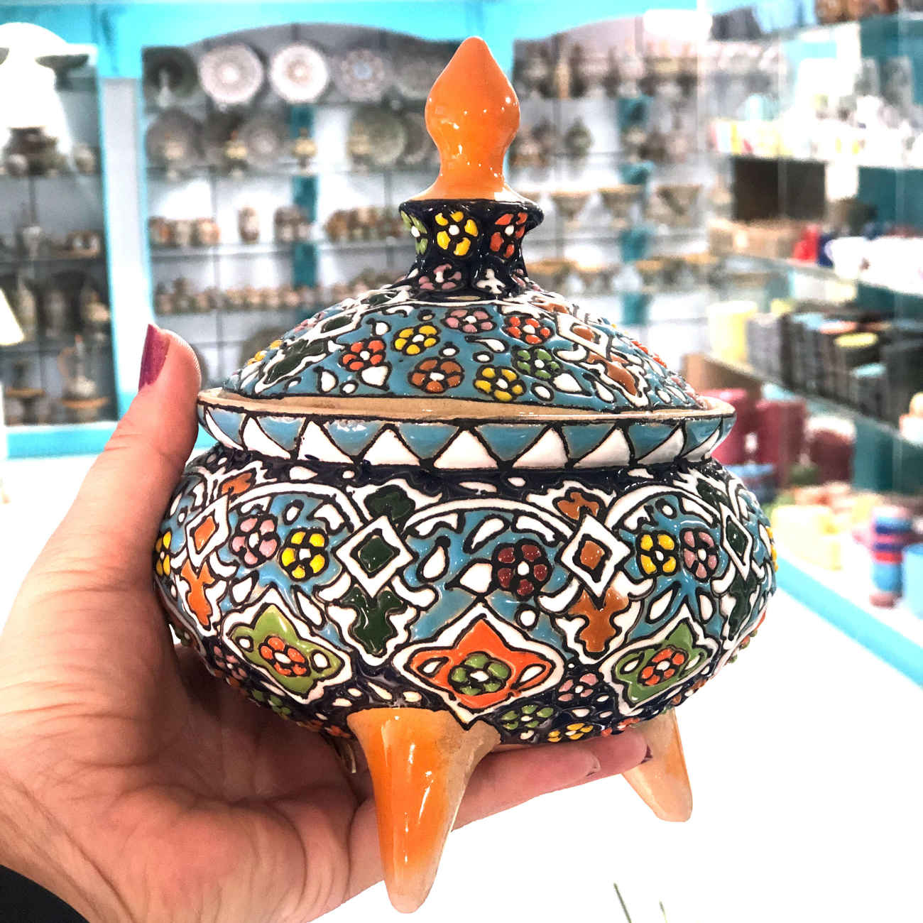 Handgefertigte persische Töpfer-Zuckerschale Minakari emailliert