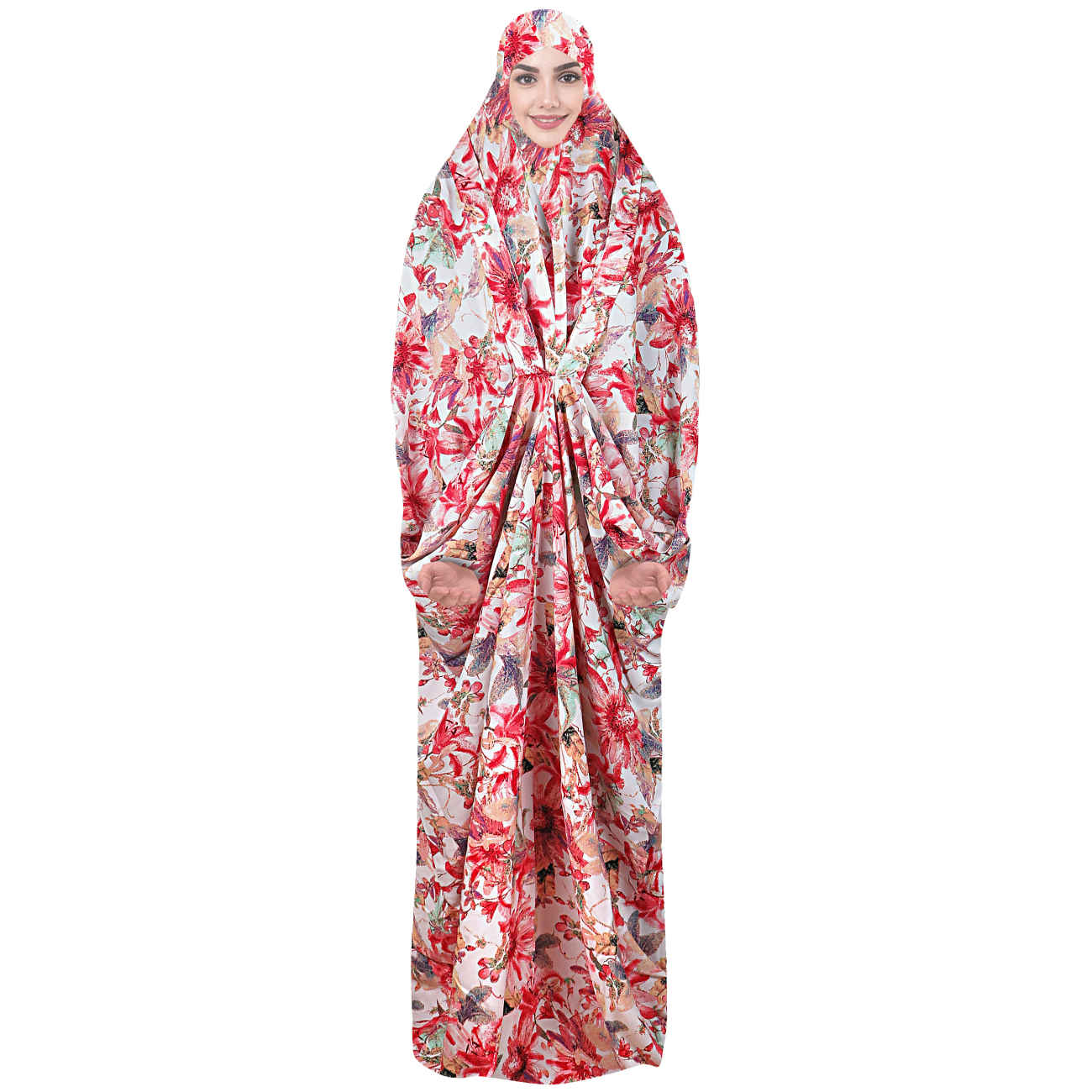 Islamischer Namaz Chador mit Ärmeln für Frauen mit Blumenmuster in Rot