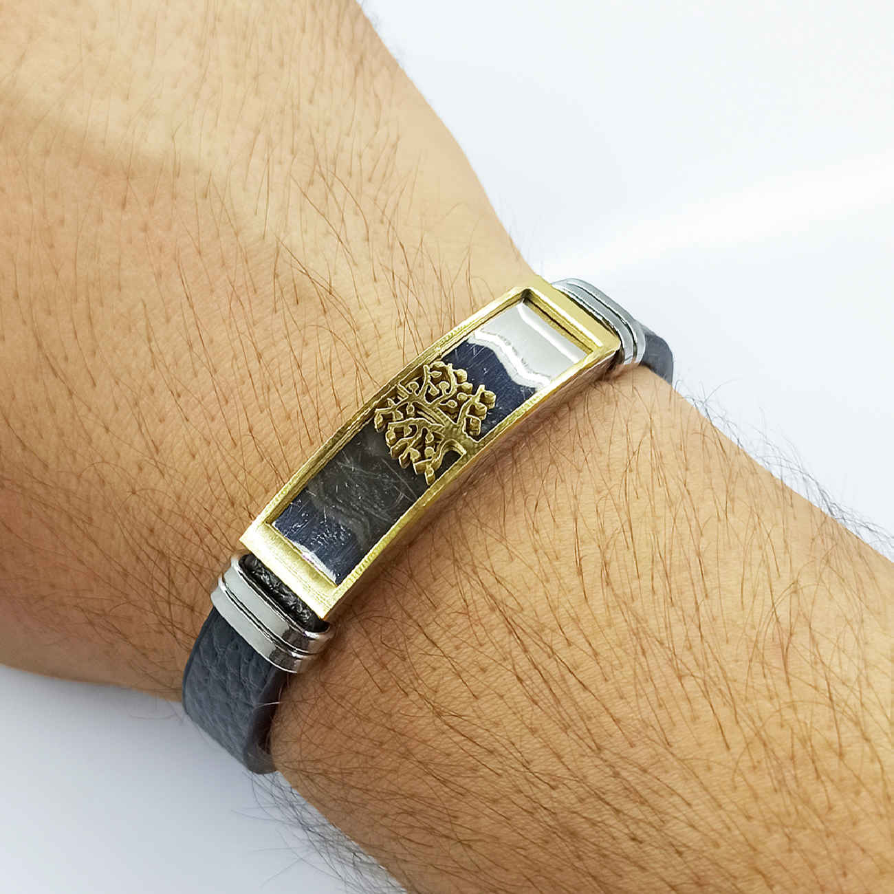 Lederarmband mit Baumdesign aus Stahl in Schwarz