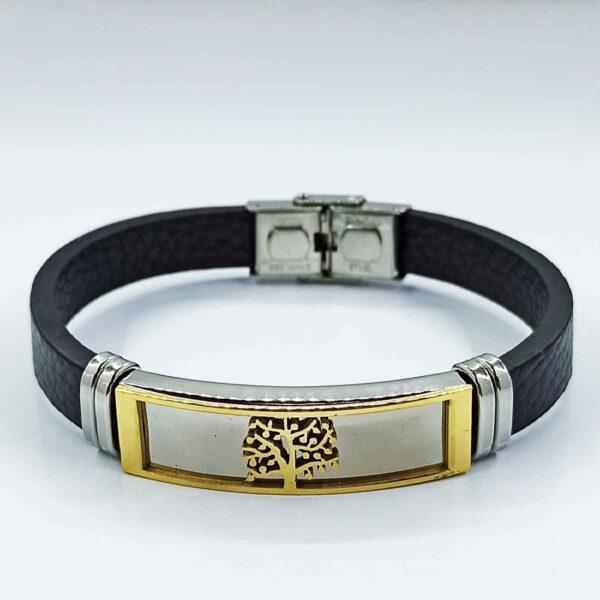 Lederarmband mit Baumdesign aus Stahl in Schwarz