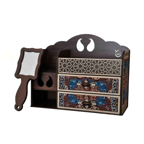 Make-up-Aufbewahrungsständer mit Handspiegel – aus Holz und Termeh