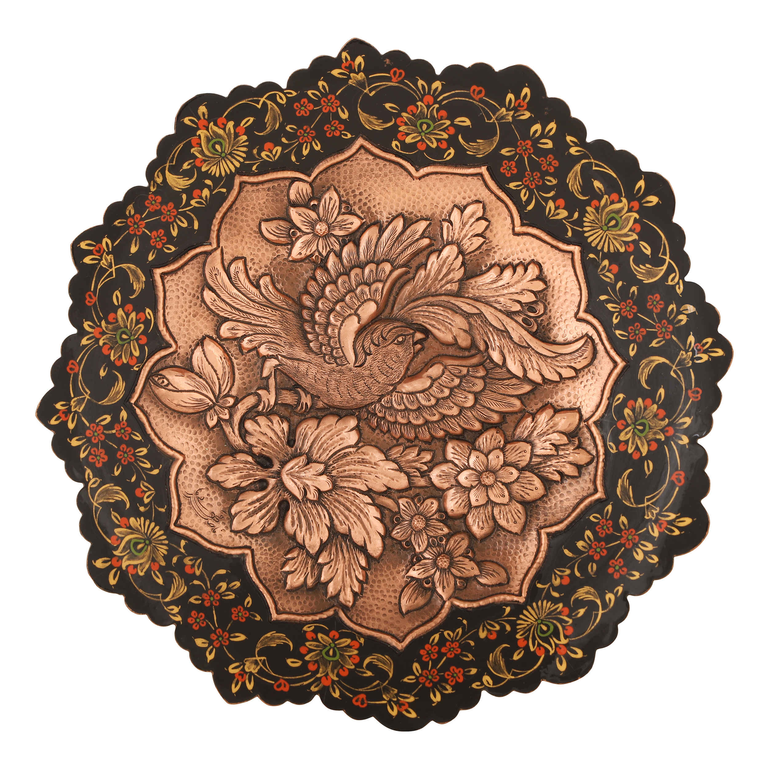 Persischer dekorativer Kupferteller graviert traditionell im Vögel- und Blumen Design