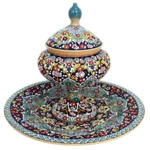 Persische Fuß-Zuckerschale Minakari mit Teller im Floralen Design