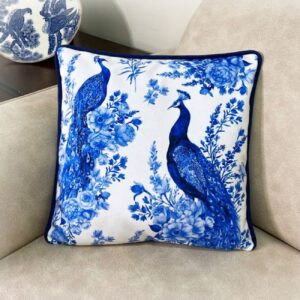 Kissenbezug aus Samt – Gedrucktes und beidseitig elegantes Design mit Pfau und Blumen (Set von 2)