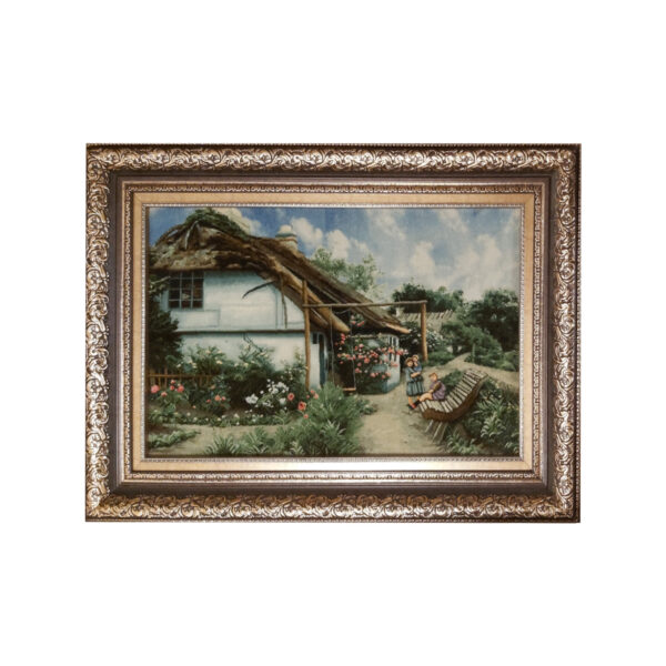 Handgeknüpfter persischer Bildteppich aus Tabriz, der Cottage Serenity darstellt