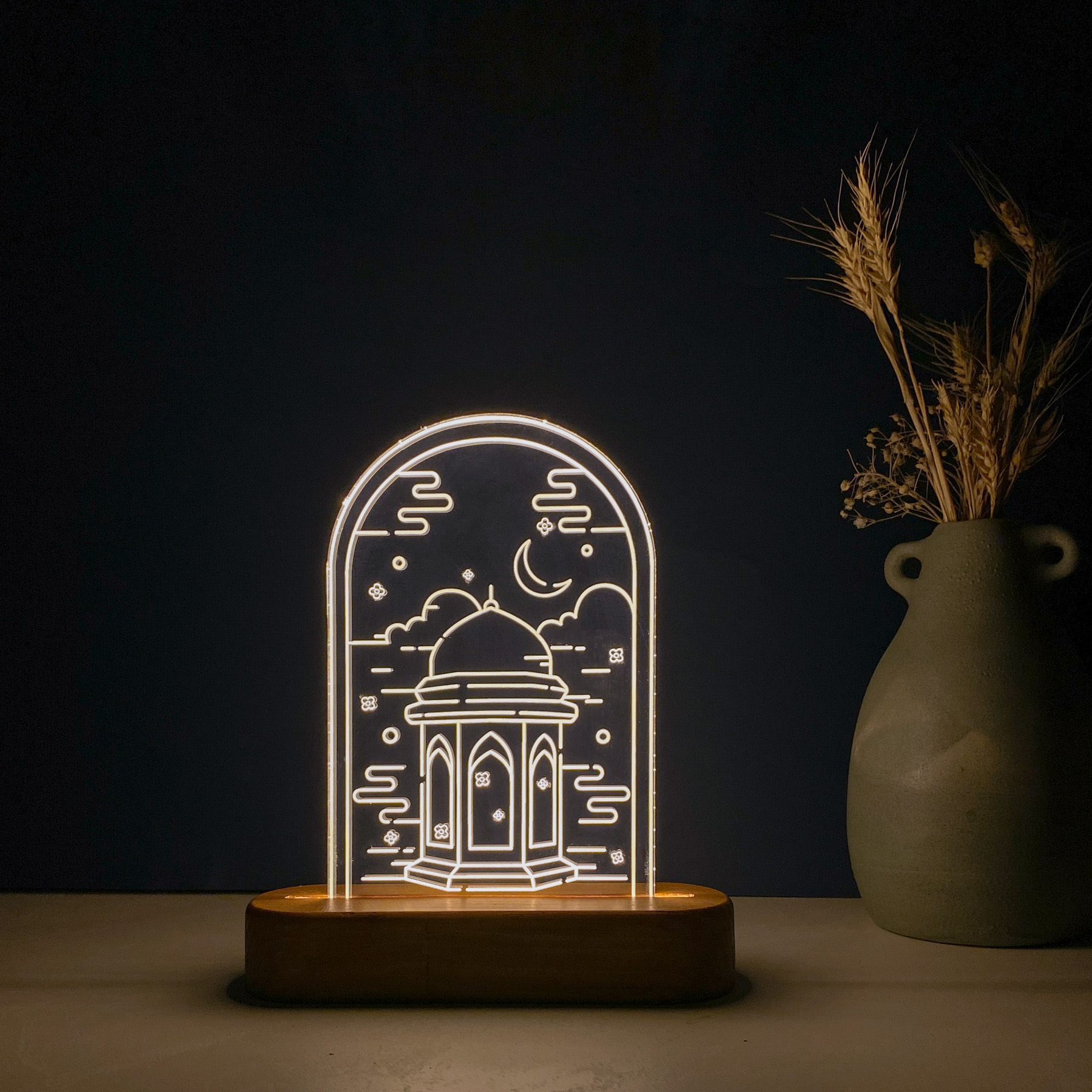 Islamische 3D-LED-Nachtlampe mit Wasserbrunnen des Heiligen Schreins und Holzsockel