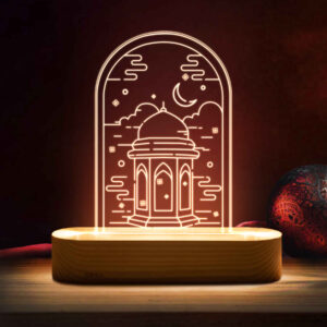 Islamische 3D-LED-Nachtlampe mit Wasserbrunnen des Heiligen Schreins und Holzsockel