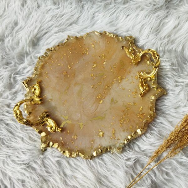 Resin-Serviertablett, handbemalt mit Griffen in Gold