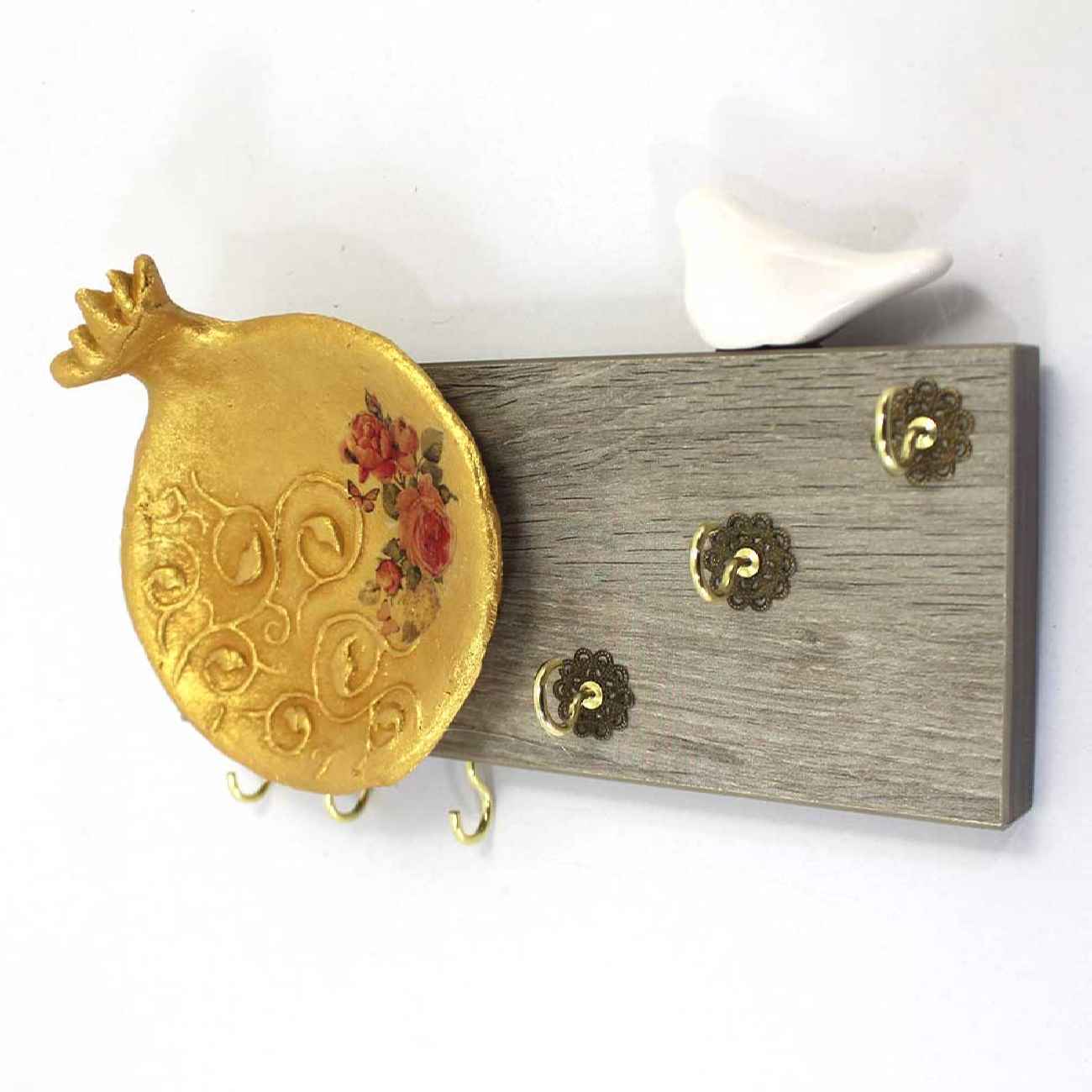 Dekorativer Wandschlüsselhalter mit Granatapfel- und Vogel-Design