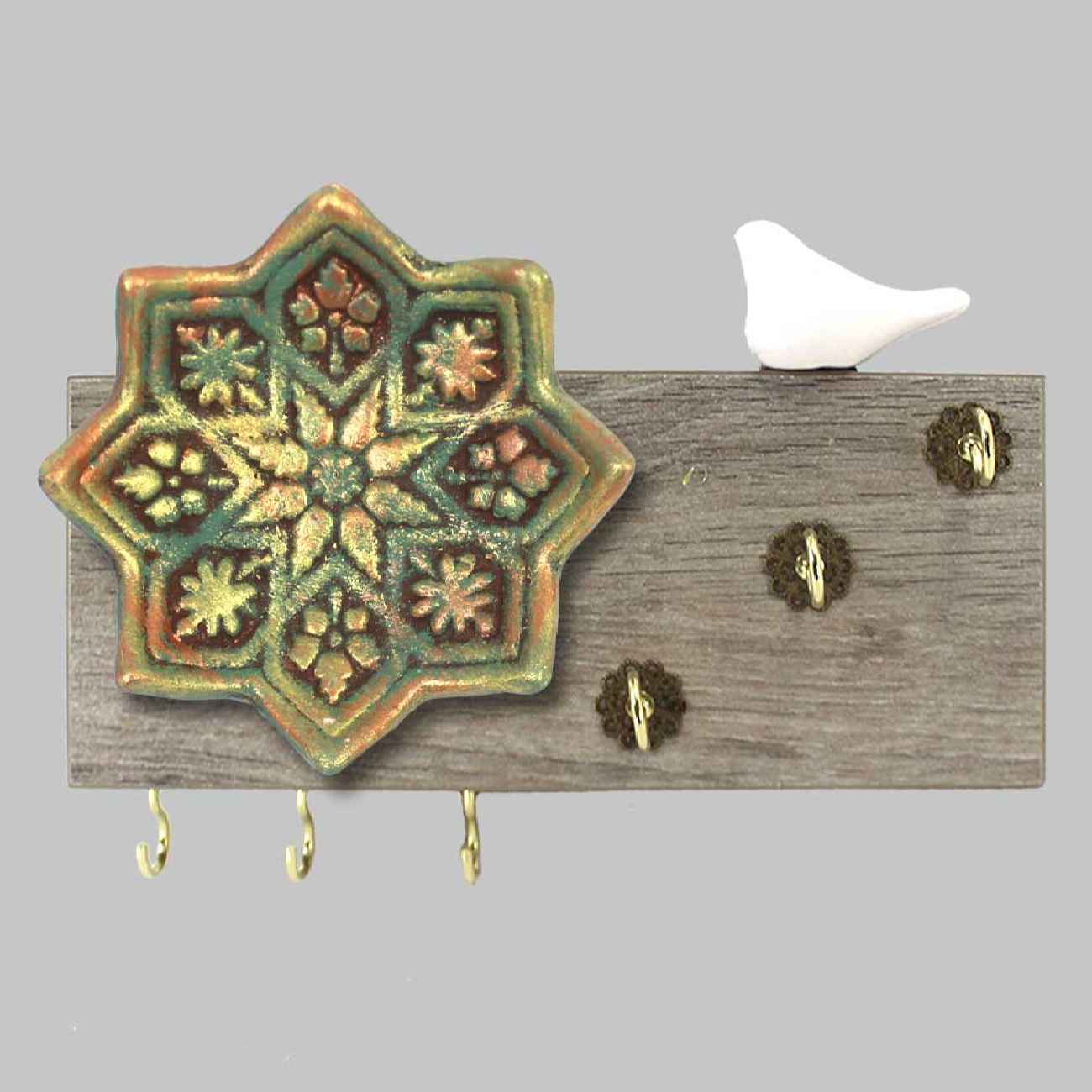 Wandschlüsselhalter mit Fliesen- und Vogel-Shamsa-Design