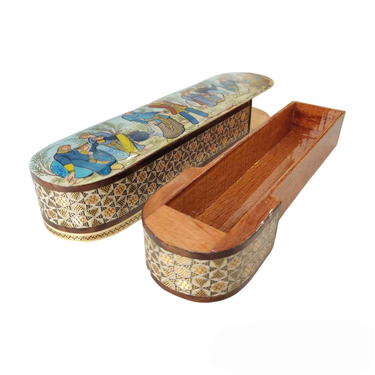 Persische Holz-Bleistiftbox mit handgefertigtem Khatamkari und Karawanen-Design