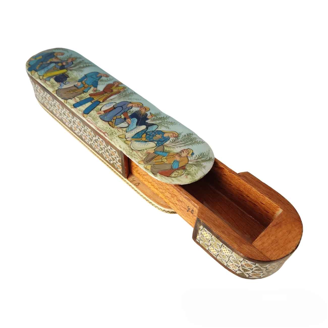 Persische Holz-Bleistiftbox mit handgefertigtem Khatamkari und Karawanen-Design