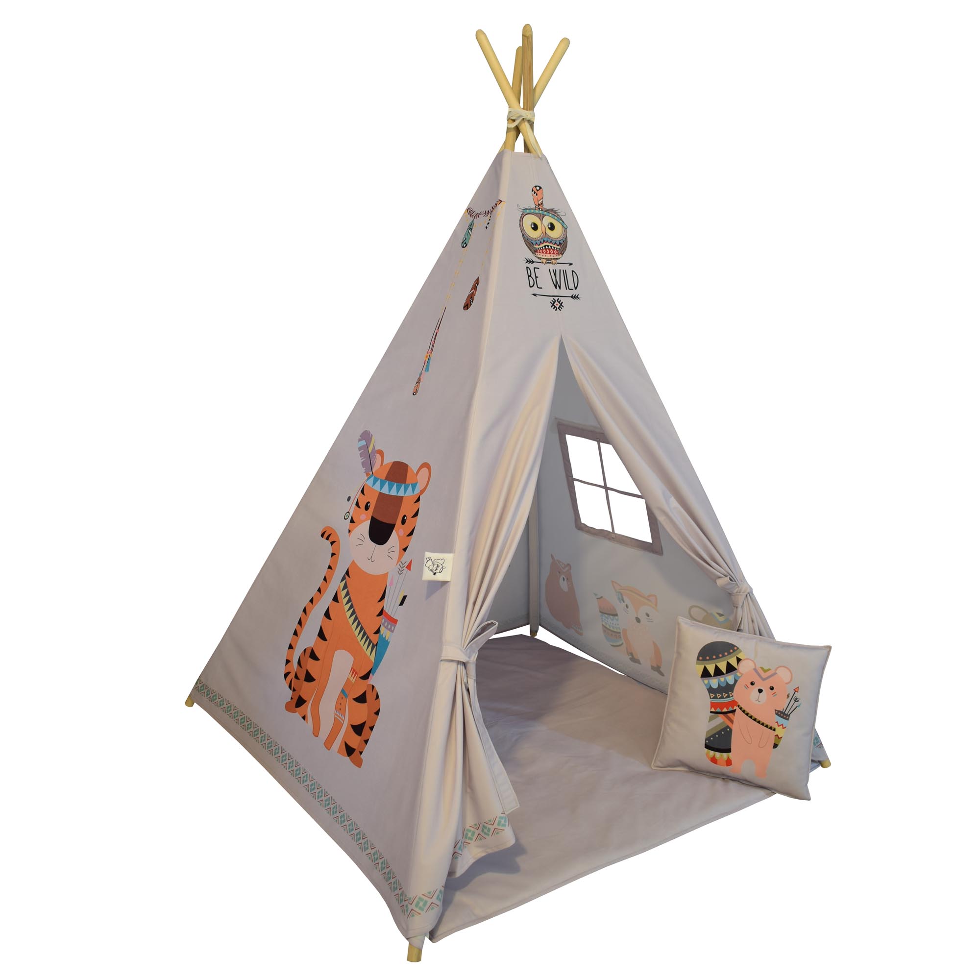 Spielzelt im Tipi-Stil für Kinder mit Tierdesign und Kissen