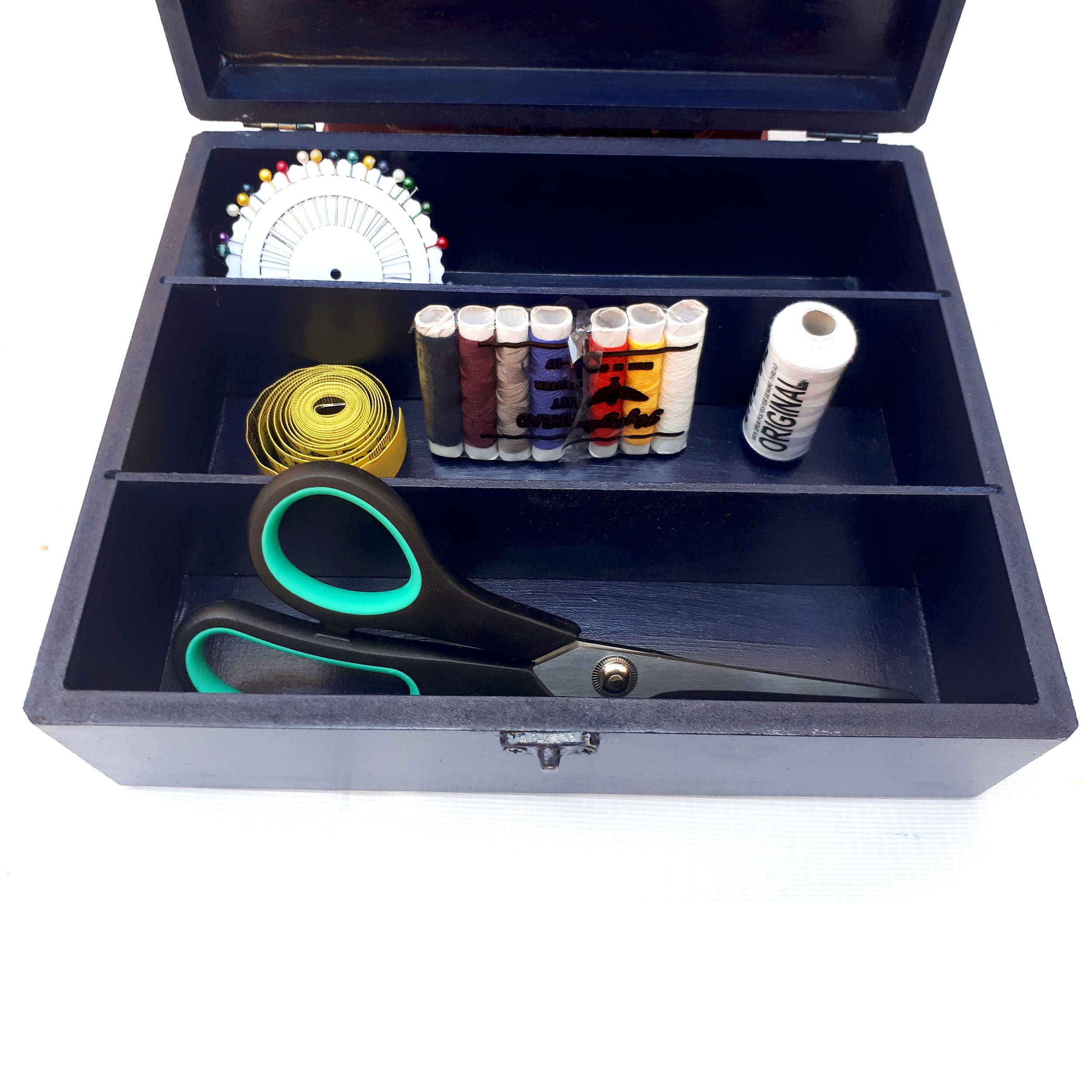 Holz-Nähbox in Marineblau – Ideal für Basteln und Schneidern zu Hause.