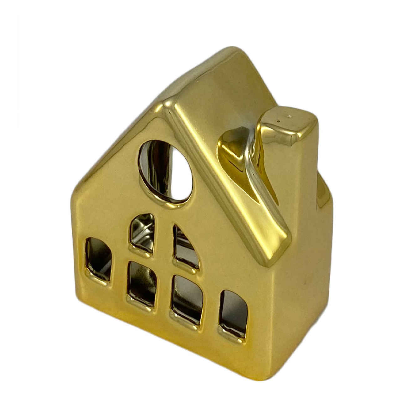 Dekorativer Kerzenhalter aus Keramik mit Häuschendesign in Gold