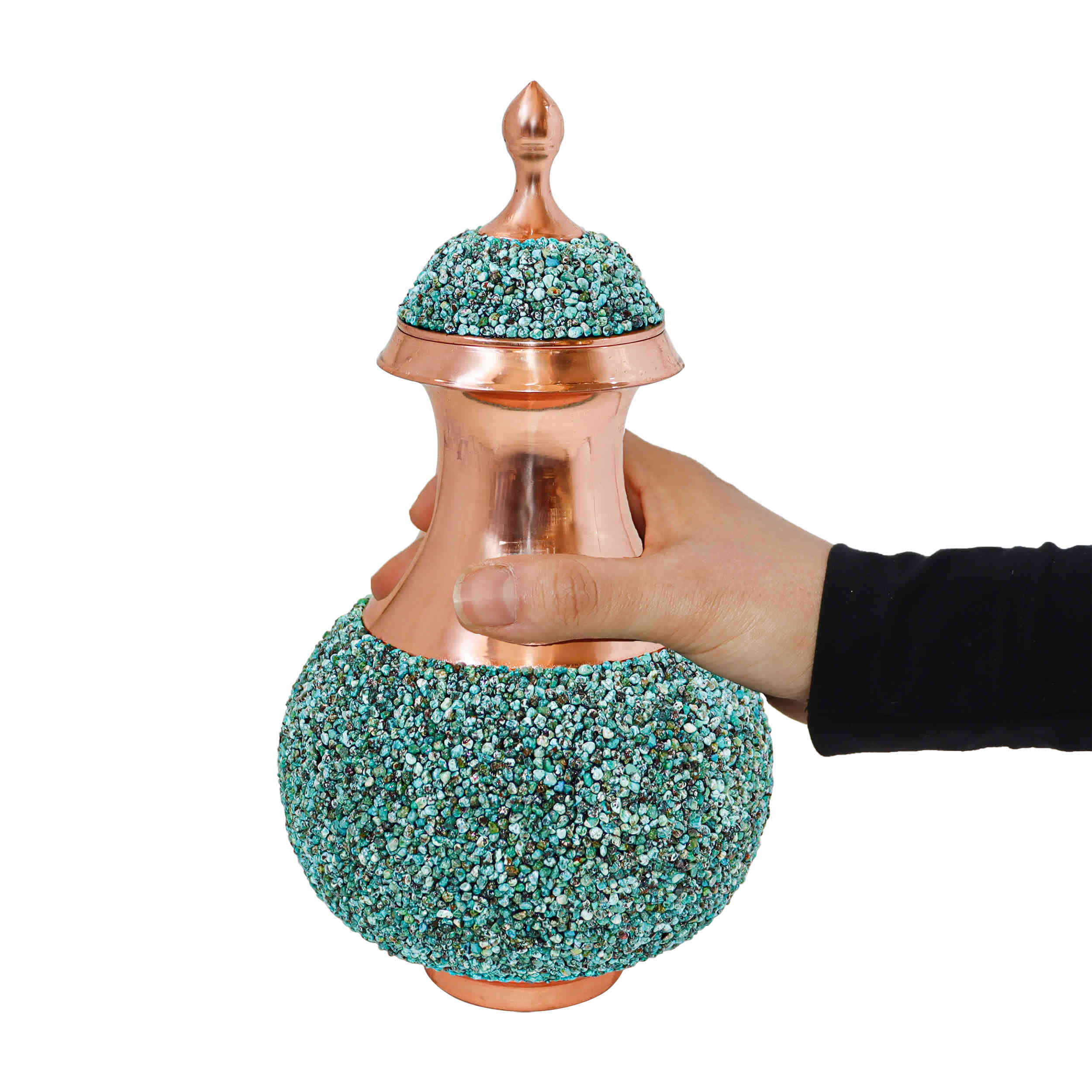Dekorative Kupferflasche – Handgefertigt von persischen Kunsthandwerkern mit auffälligem Türkiseinlage-Design