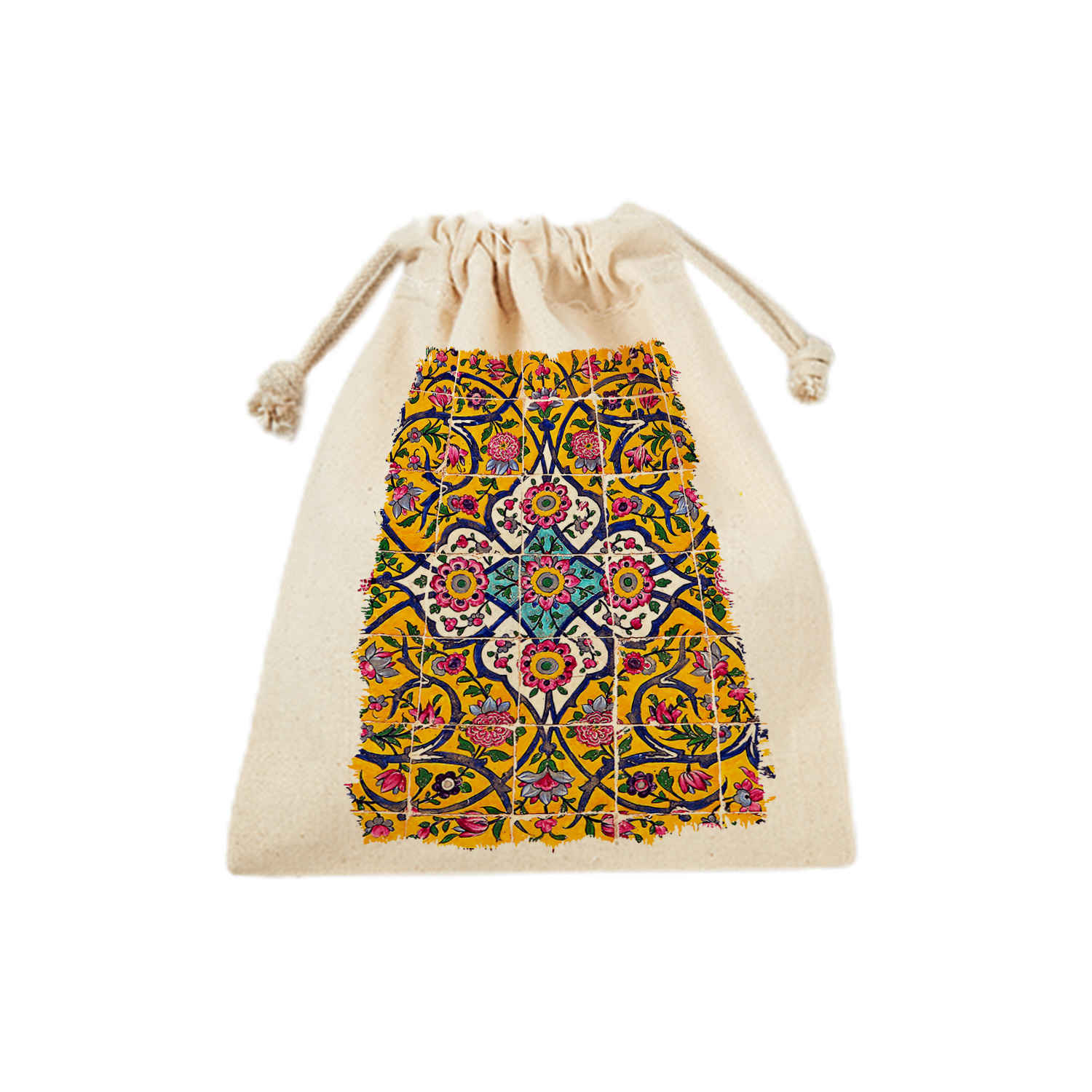 Baumwoll-Kordelzugtasche – Wiederverwendbar und langlebig mit persischem Kacheldesign