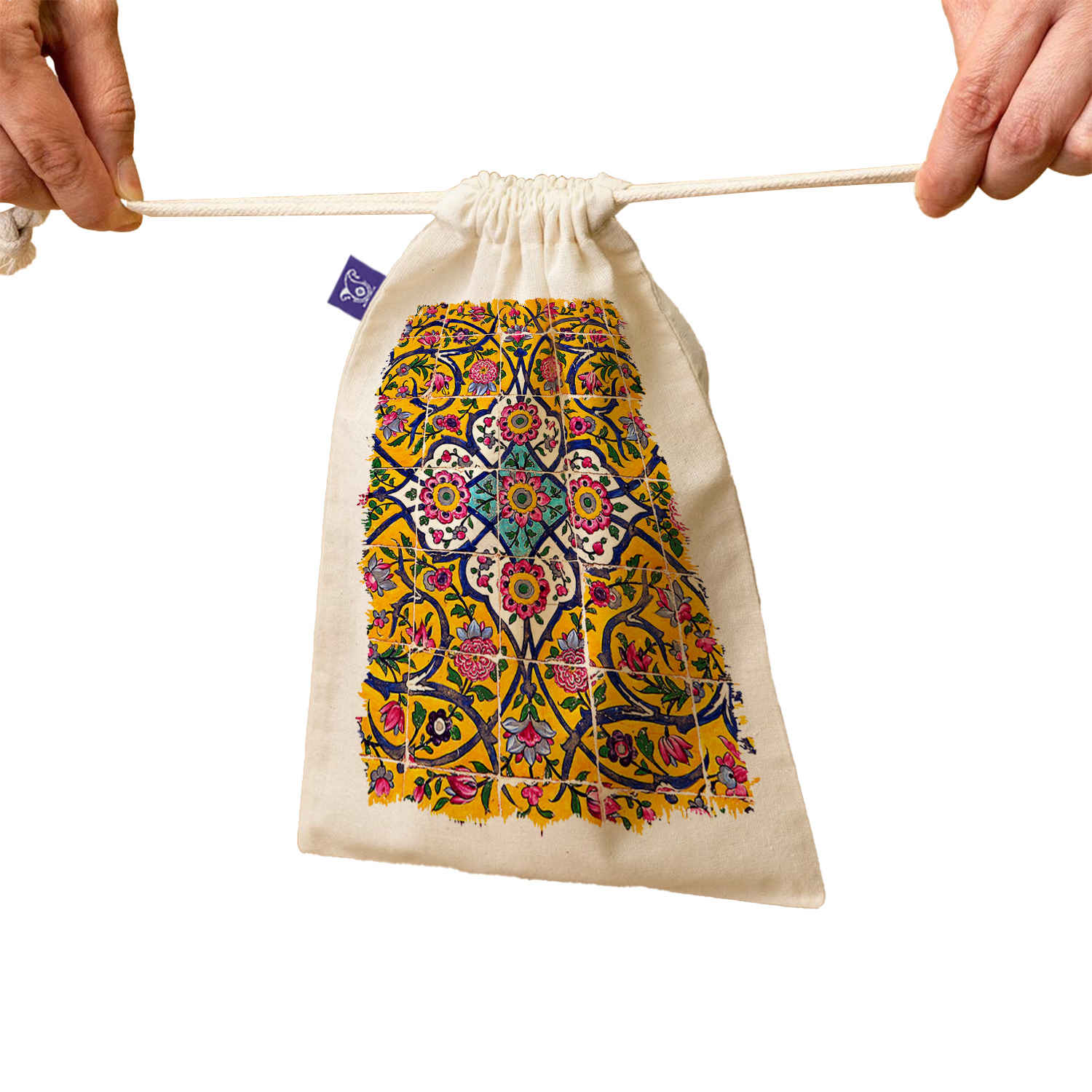 Baumwoll-Kordelzugtasche – Wiederverwendbar und langlebig mit persischem Kacheldesign