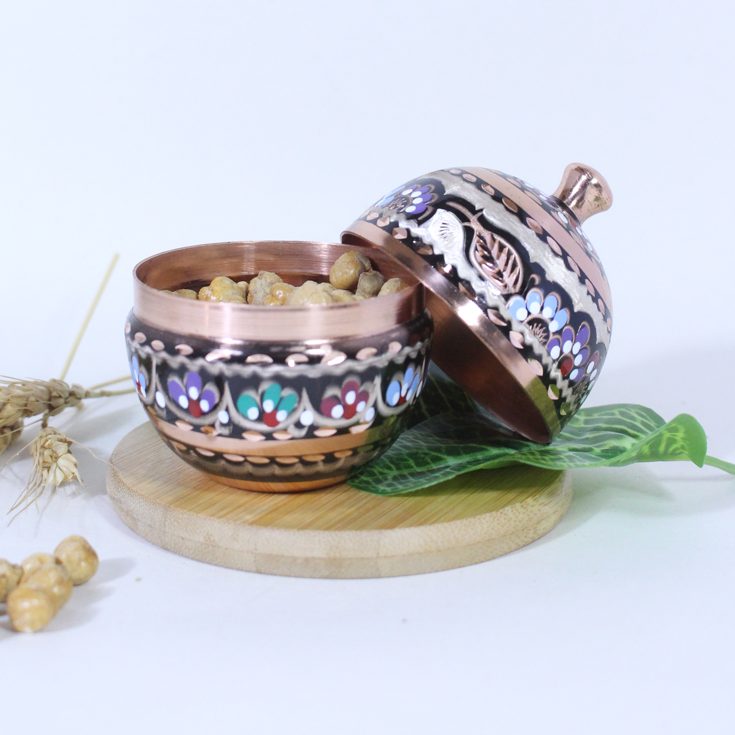 Handgefertigte persische Kupfer-Zuckerdose mit Deckel im Ei-Design – Minakari Emaille