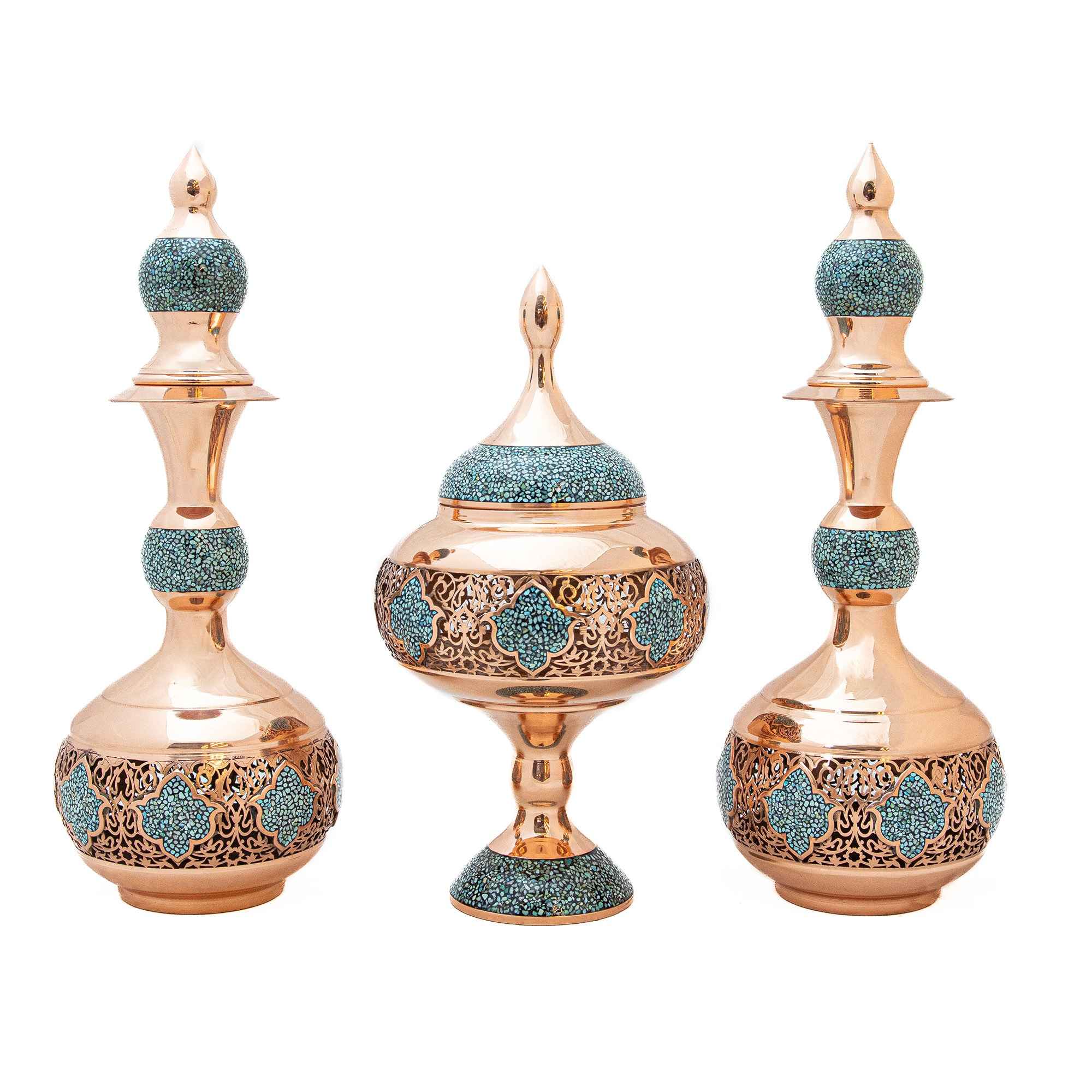 Persisches Dekoratives Kupferflaschen- und Schokoladenschalenset mit Türkiseinlage-Design