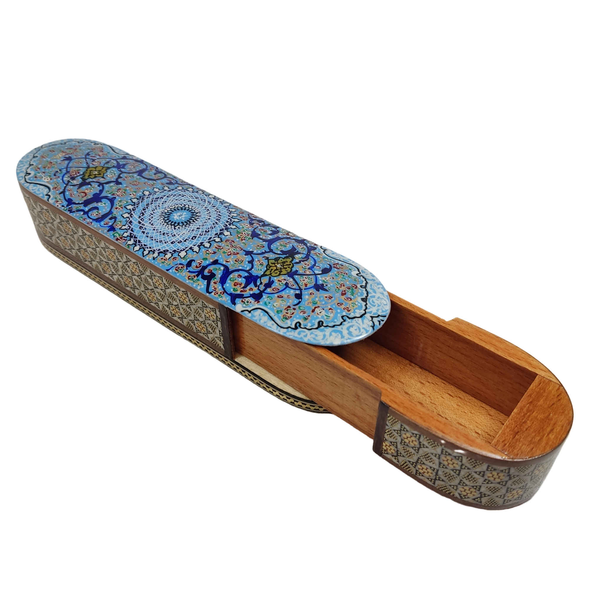 Persische Holz-Bleistiftbox – Handgefertigtes Khatamkari, perfektes Geschenk in Blau