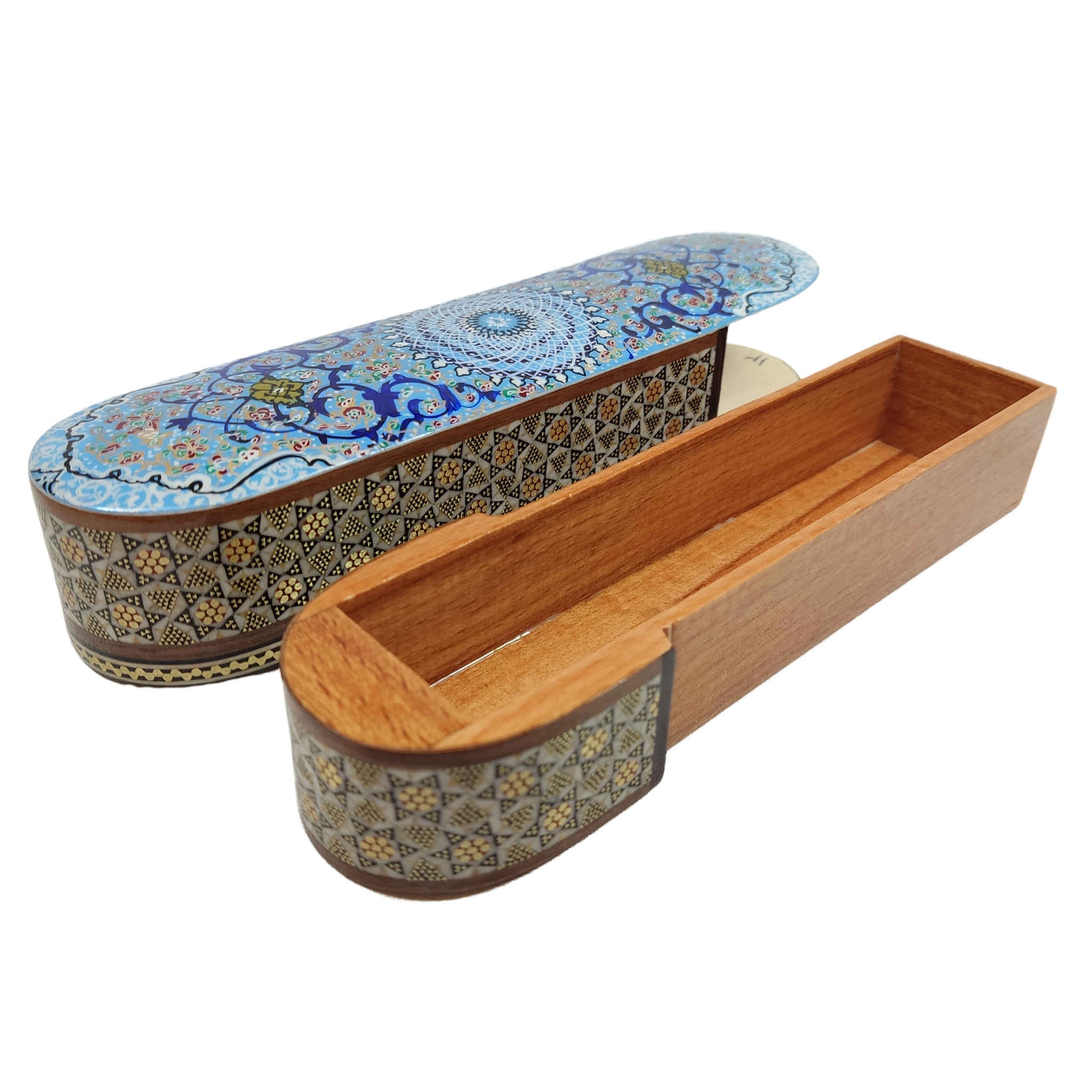 Persische Holz-Bleistiftbox – Handgefertigtes Khatamkari, perfektes Geschenk in Blau