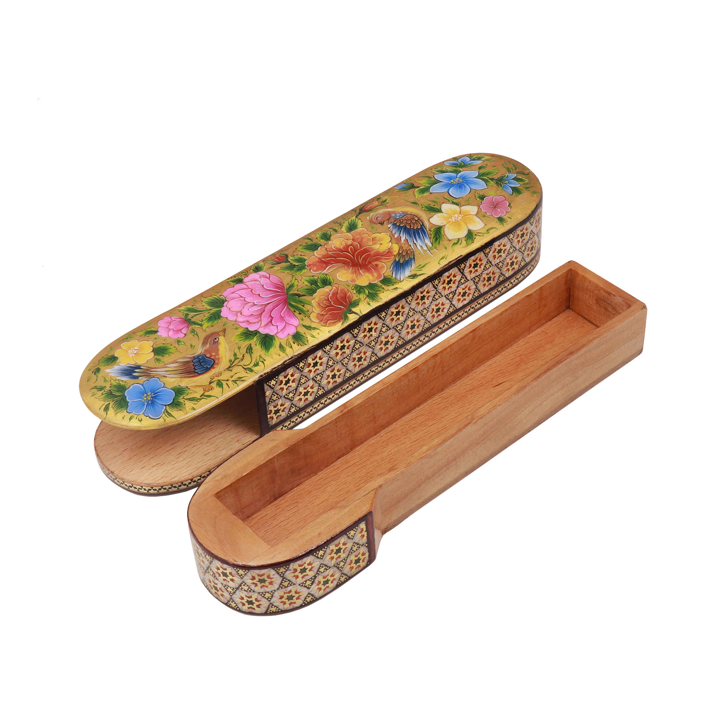 Persische Holz-Bleistiftbox – Khatamkari, Geschenk mit Vogel- & Blumendesign