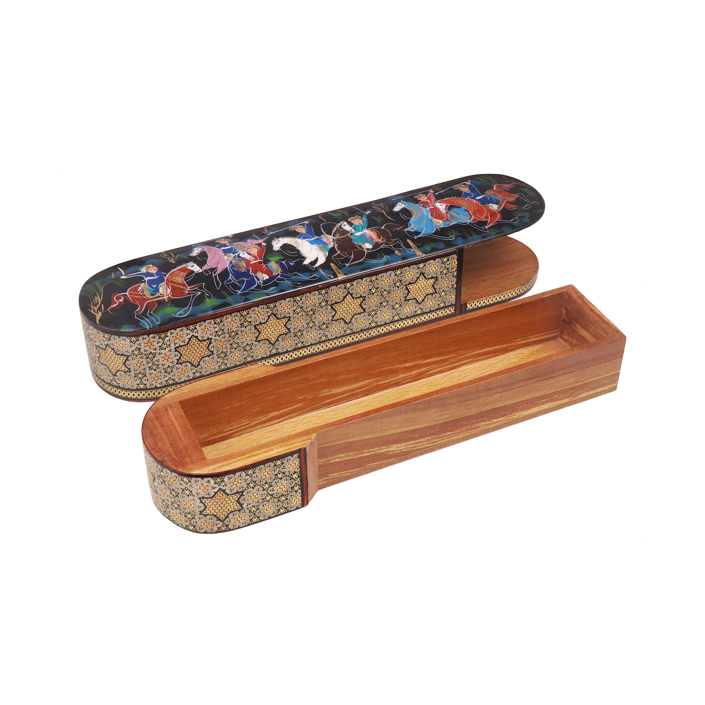 Persische Holz-Bleistiftbox – Handgefertigtes Khatamkari, perfektes Geschenk mit Jagdmotiv