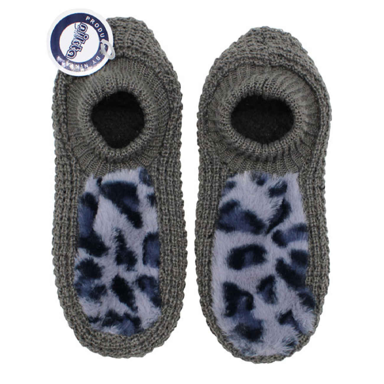 Damen-Häkelhausschuhe Nikta – Wintergeeignet mit Leopardenmuster in Grau