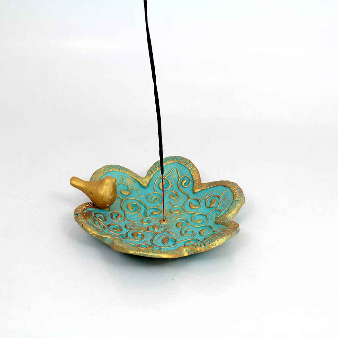 Handgefertigter Keramik-Räucherstäbchenhalter – Vogel- und Blumendesign in Türkis