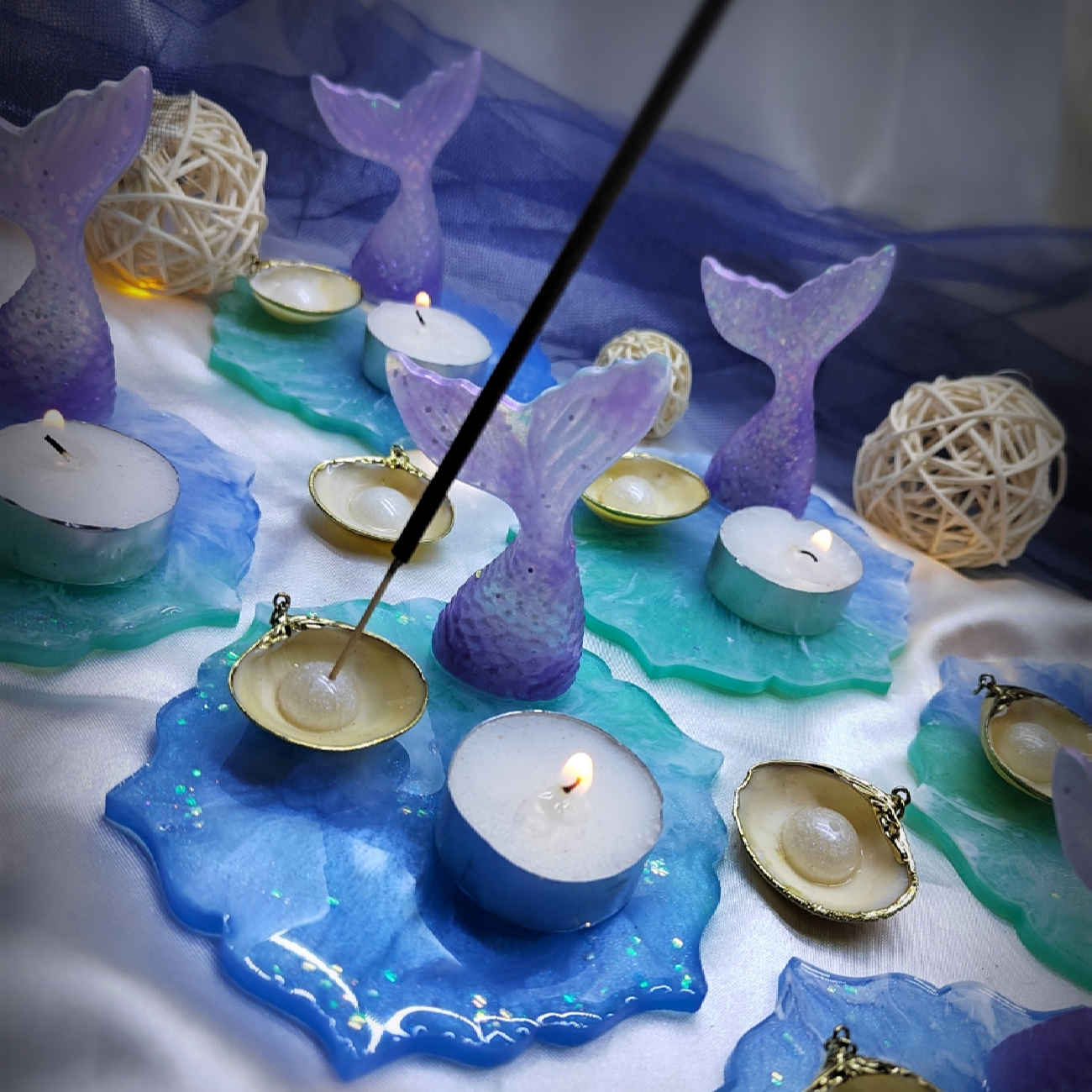 Handgefertigter Räucherstäbchenhalter aus Harz – Meer- und Fischdesign