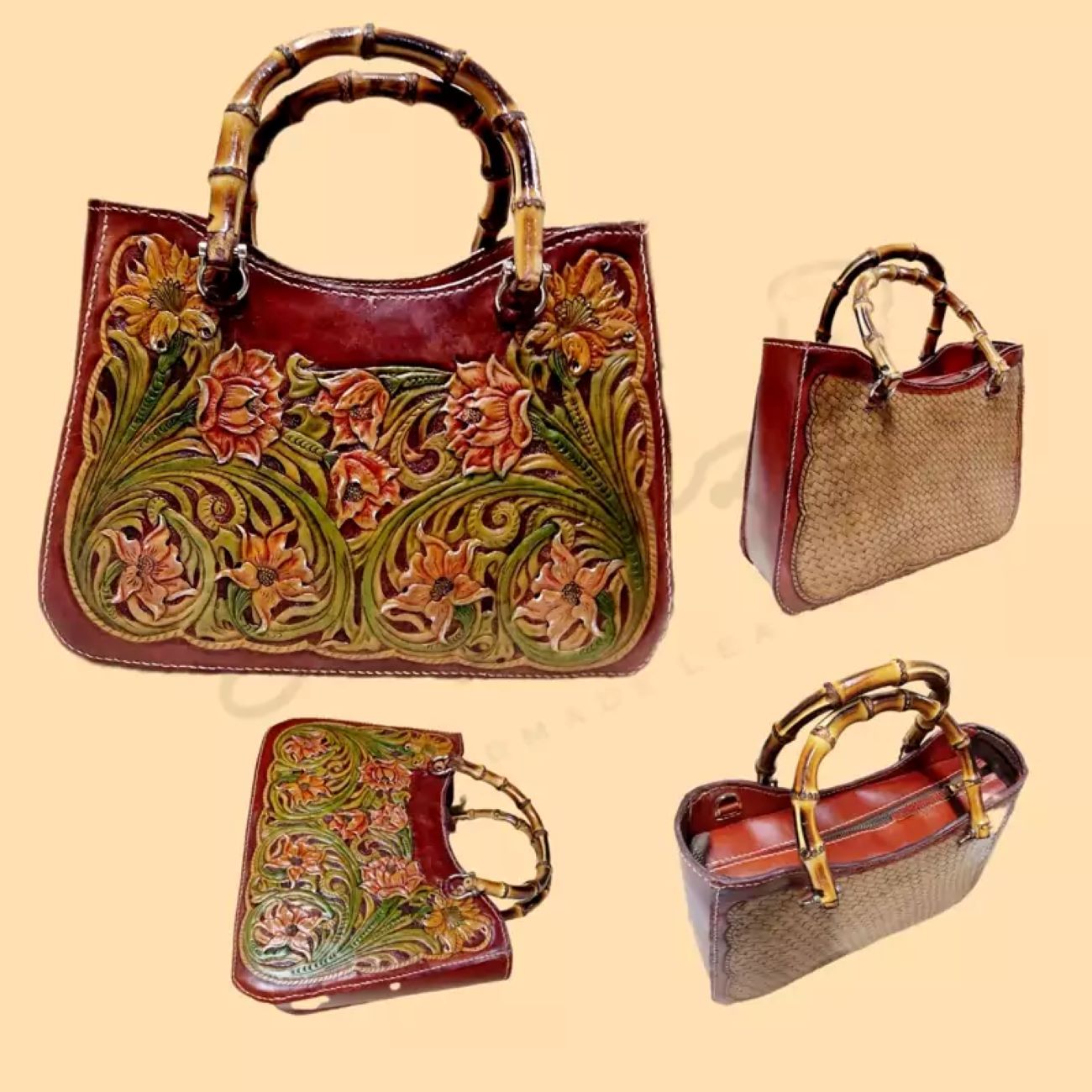 Handgemachte Echtledertasche aus Kuhhaut – Schnitzerei, handbemalt & Bambusgriff