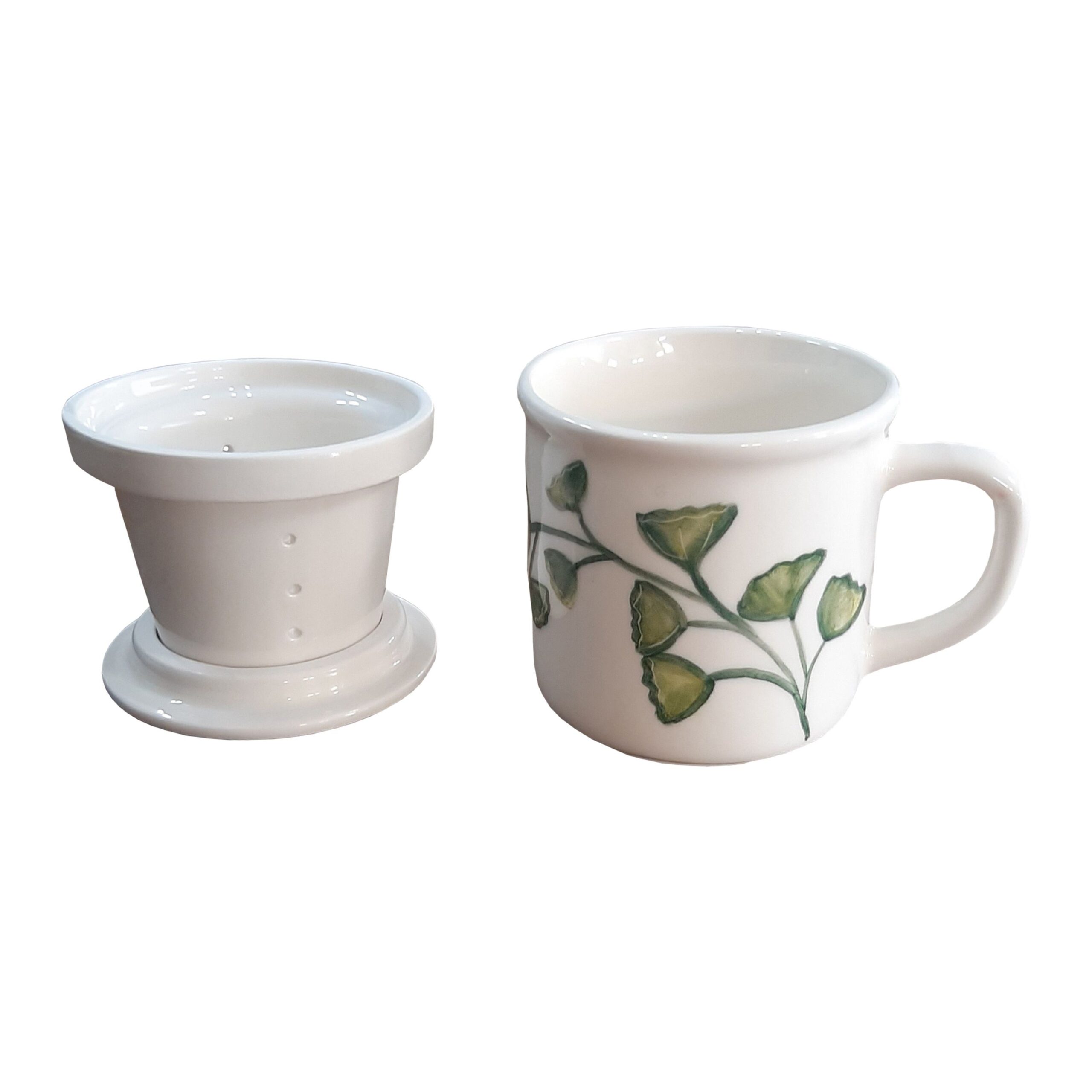 Keramik-Tee-Tasse mit Deckel und Blattdesign, ideal für losen Tee.