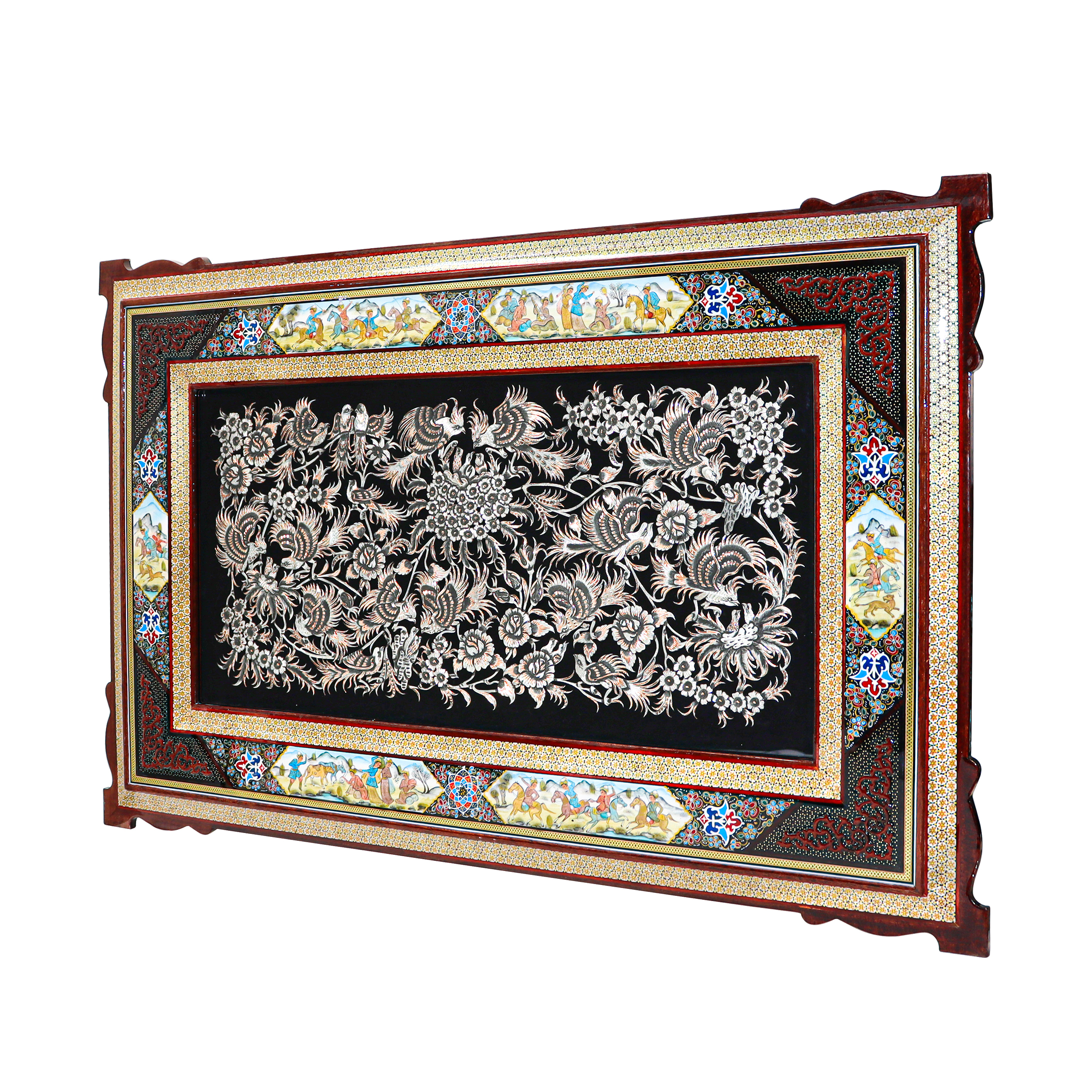 Graviertes Messingpaneel mit Vogel- und Blumenmotiv in Khatamkari-Rahmen