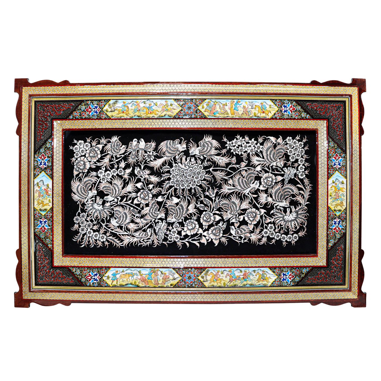 Graviertes Messingpaneel mit Vogel- und Blumenmotiv in Khatamkari-Rahmen