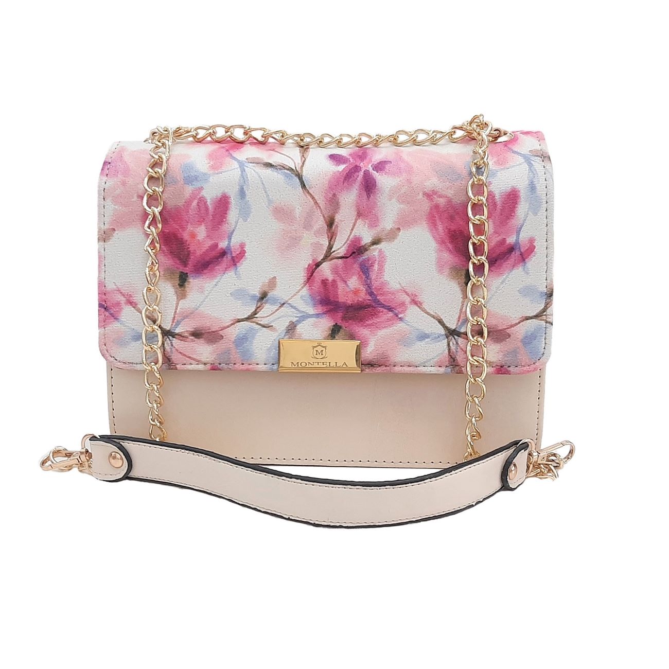 Modische Tasche mit Kette & passendem Schal – Blumenmuster