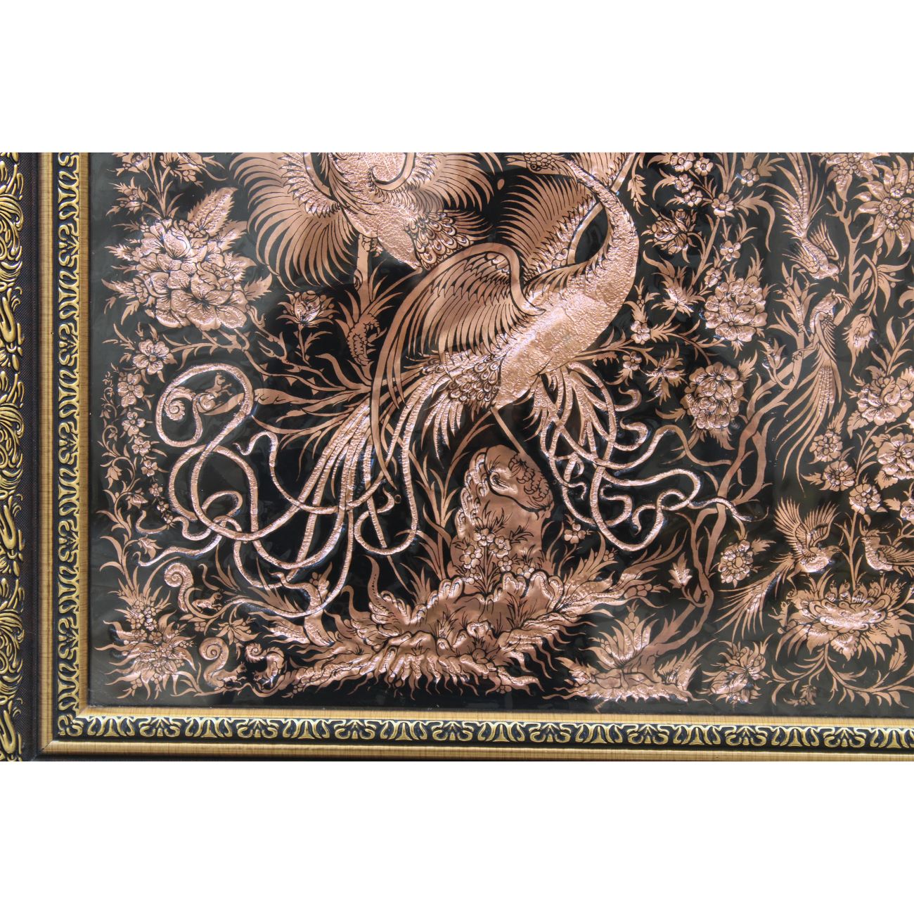 Handgefertigter Messing-Wandrahmen mit eleganter Vogel- und Blumengravur