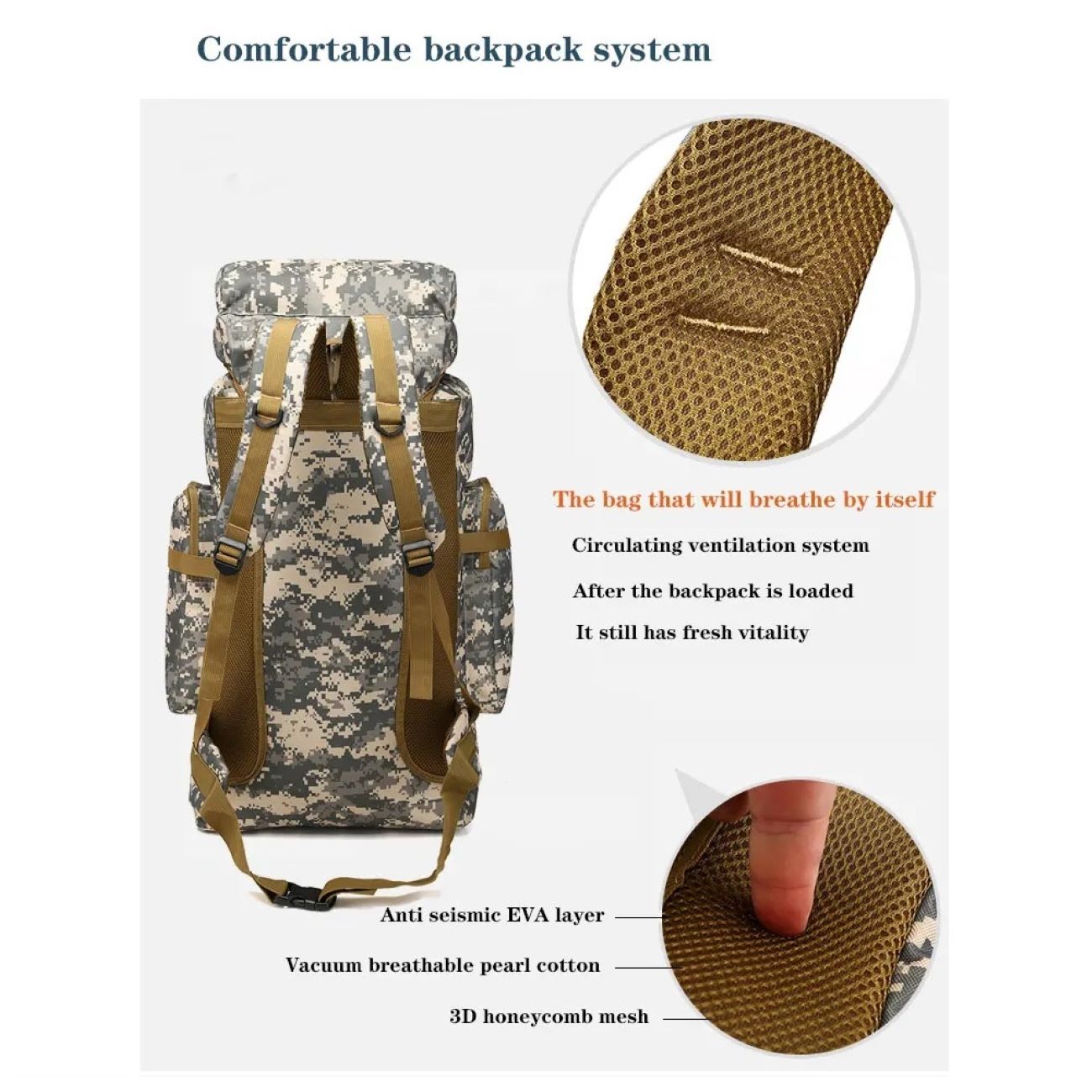 Wanderrucksack – Leicht, wasserabweisend, Tarnmuster, 80L
