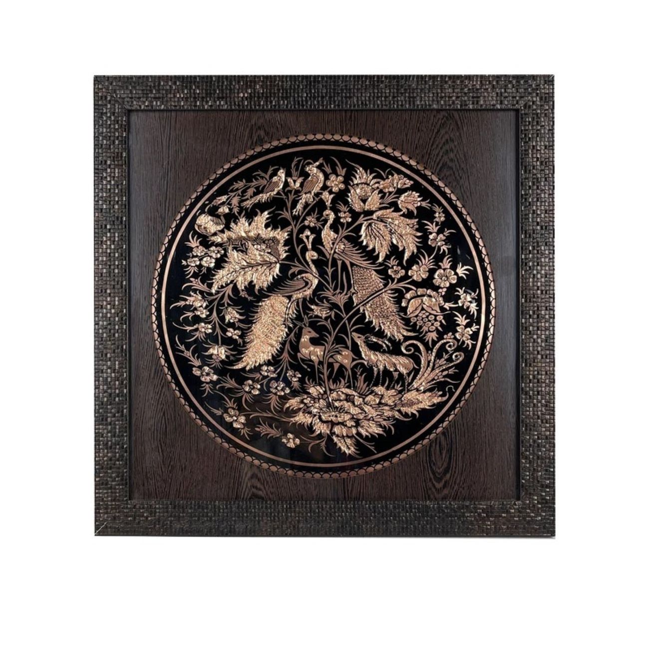 Filigranes Vogel- und Blumenmotiv in graviertem Messingrahmen