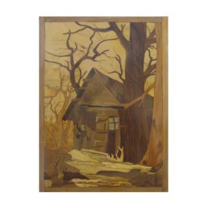 Intarsienkunst eines Verlassenen Häuschens – Handgefertigte Wandkunst