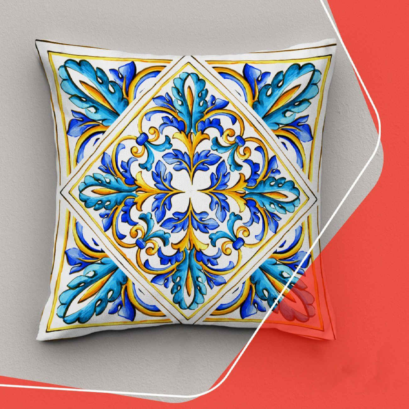 Blau-abstracte Majolica Kissenbezüge mit geometrischem & floralem Muster (x2)