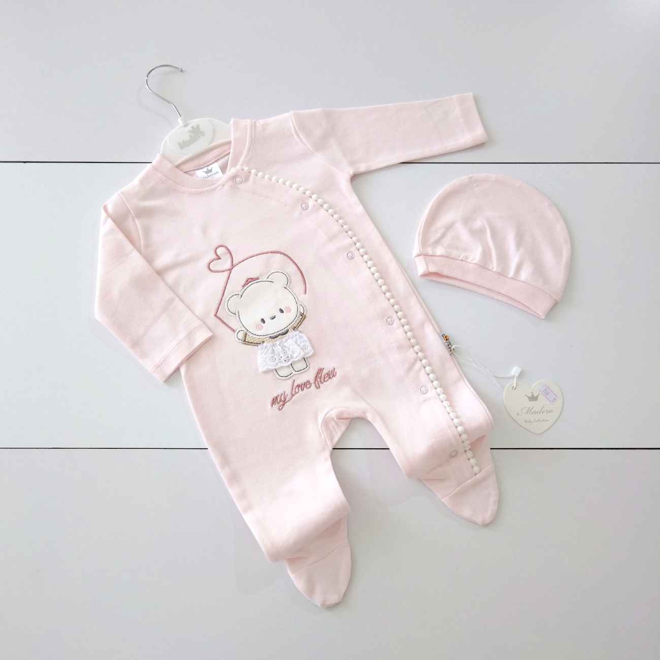 Baby Langarm-Strampler-Set mit Hut und süßem Teddy-Muster