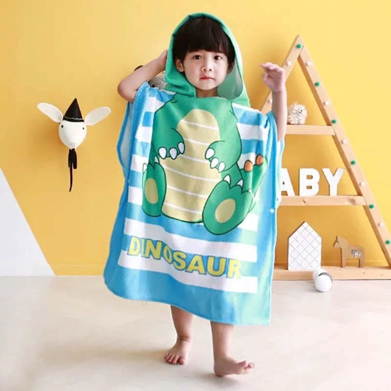 Blauer Kinder-Badeponcho mit Dinosaurier-Motiv
