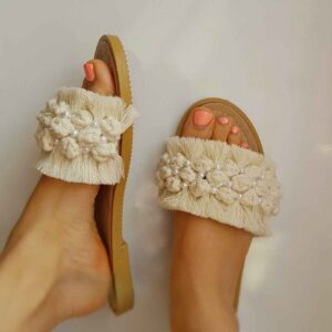 Boho Indoor Macramé Sandale – Perlenverziert, Bequem für Langzeittragen
