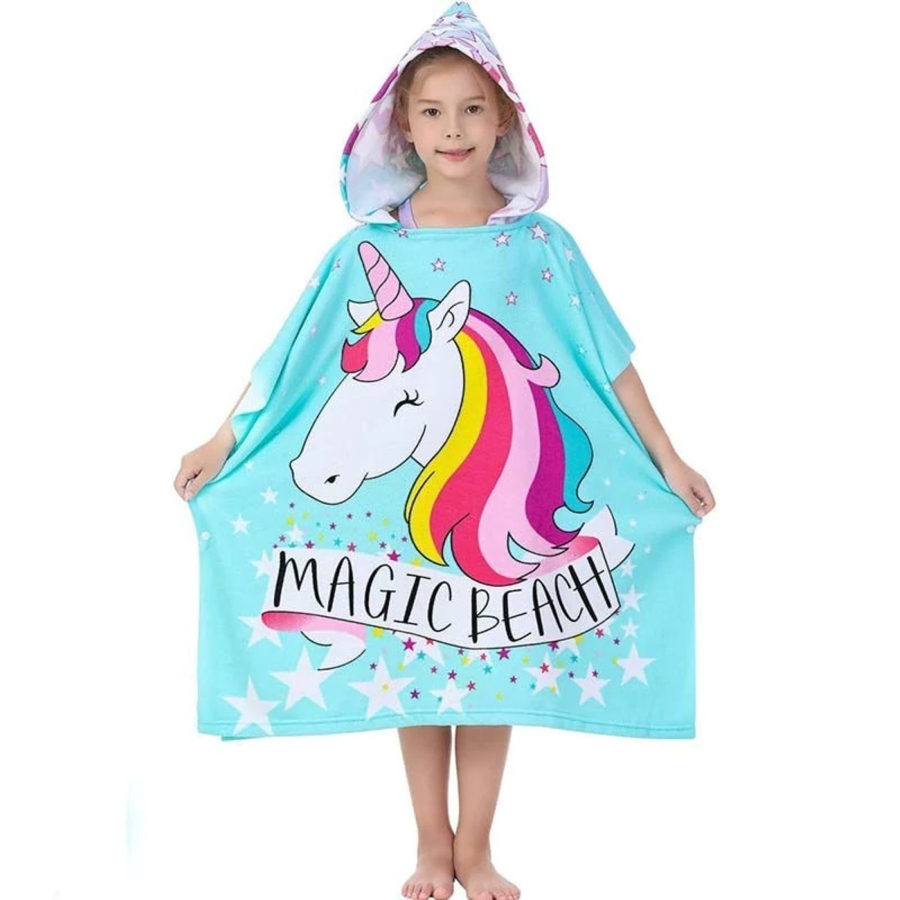 Weicher blauer Badeponcho für Kinder mit Einhorn-Muster