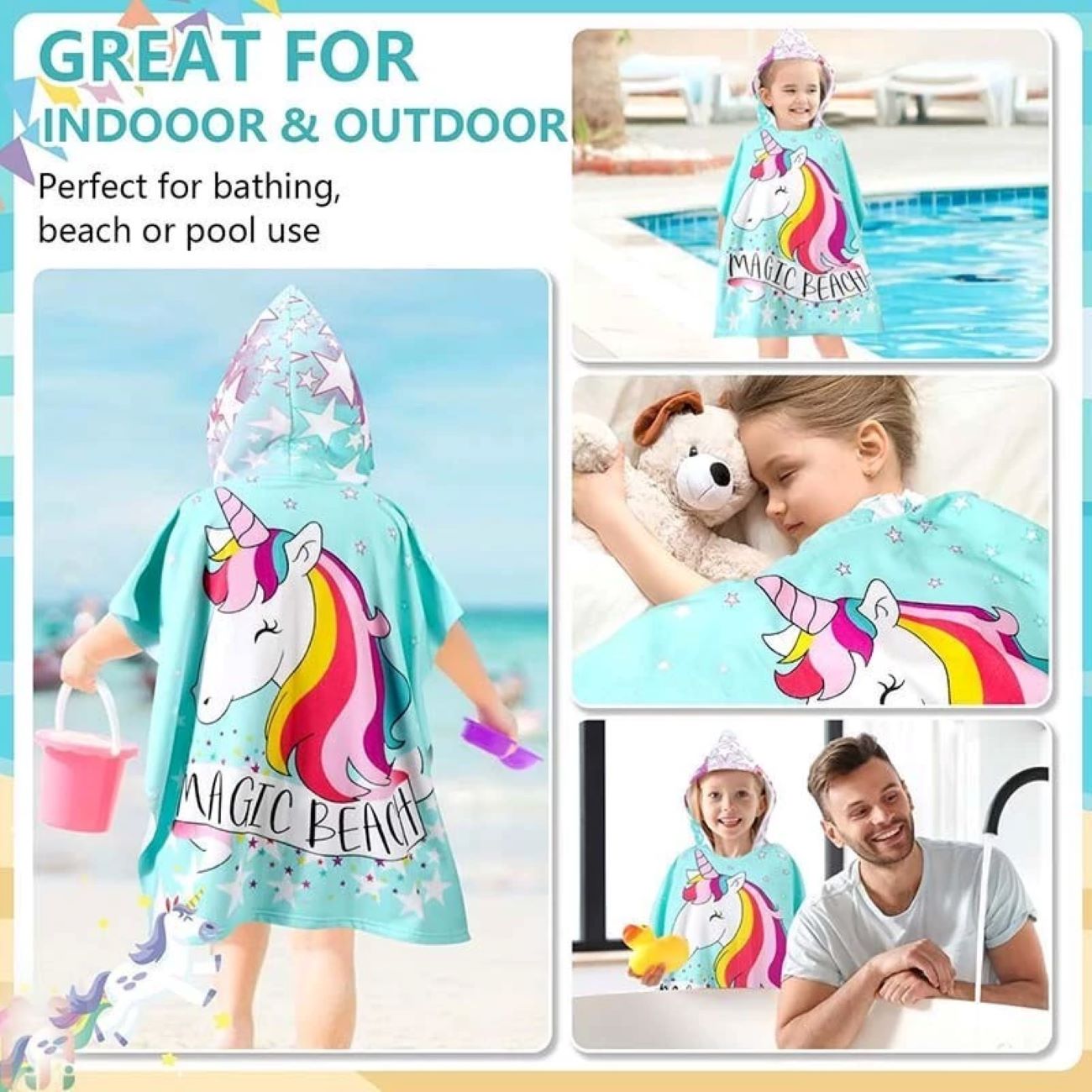 Weicher blauer Badeponcho für Kinder mit Einhorn-Muster